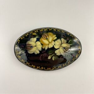 Russian Vintage Hand Painted Floral Oval Brooch